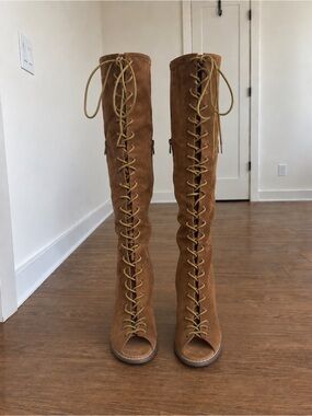 Yoki Vintage Cognac Suede Lace-Up Peep-Toe Boots